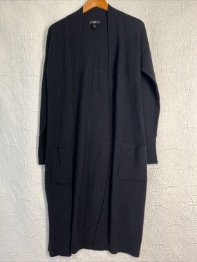 Aqua Cashmere Cardigan Sweater Medium Black Long Open Front Duster Pockets M